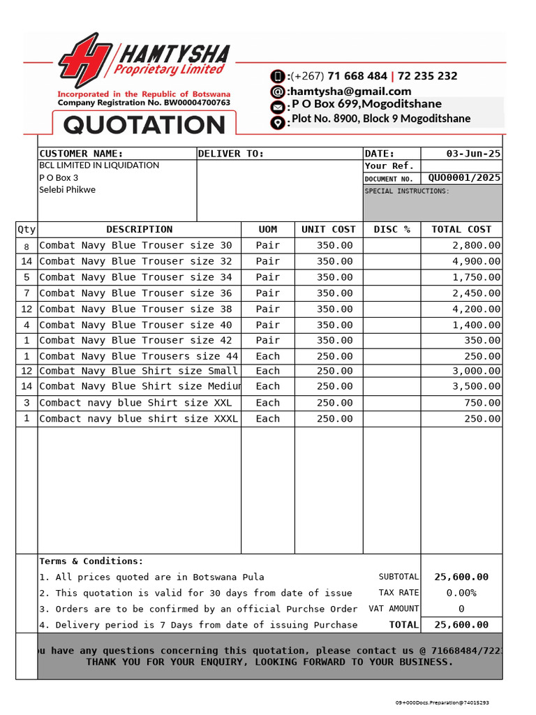 Quotation for Combat Navy Blue Uniforms | PDF
