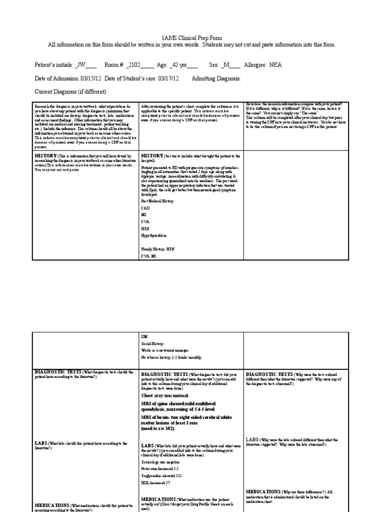 AMS Clinical Prep Form for Patient Care | PDF | Medical Diagnosis | Nursing