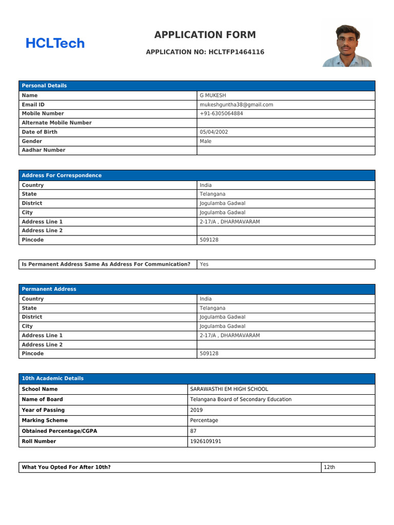 Application Form HCLTFP1464116 | PDF