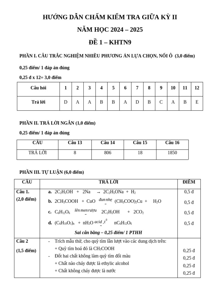 HDC KIỂM TRA GIỮA KỲ II - KHTN 9 2425 | PDF