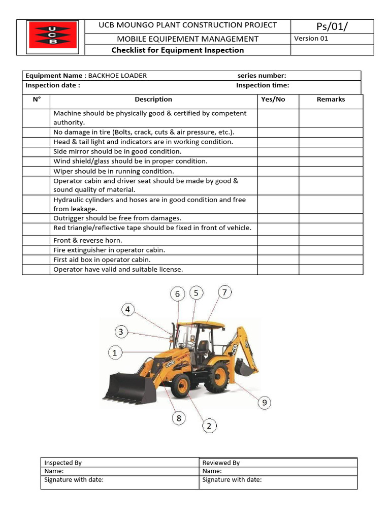 Equipment Inspection Checklist PDF | PDF | Mirror | Loader (Equipment)