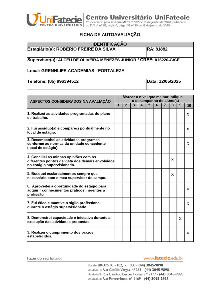 Ficha de Autoavaliação | PDF
