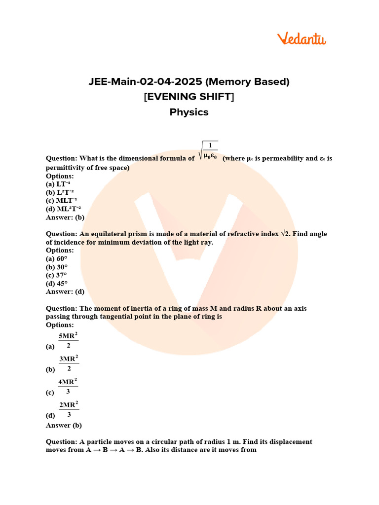 JEE Mains 2025 Physics Shift 2 Paper | PDF | Waves | Mass