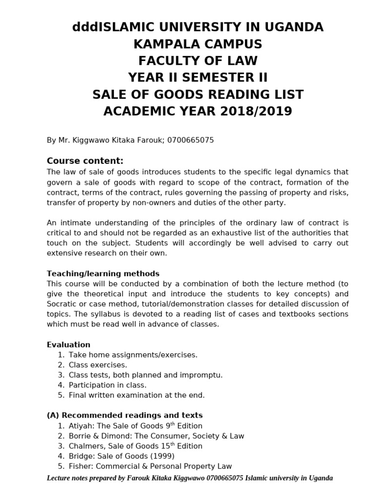 Sale of Goods Notes 2018 | PDF | Option (Finance) | Sales