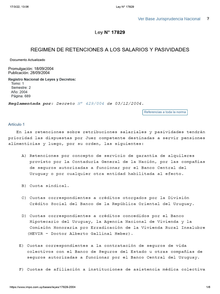 Ley N° 17829: Retenciones Salariales Uruguay | PDF | Seguro | Bancos