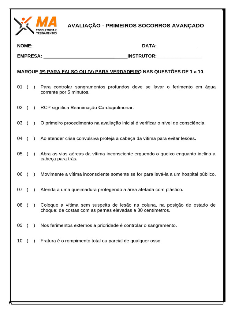 Avaliação de Primeiros Socorros Avançados | PDF
