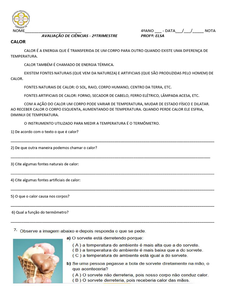 Atividade de Ciências: Calor e Temperatura | PDF