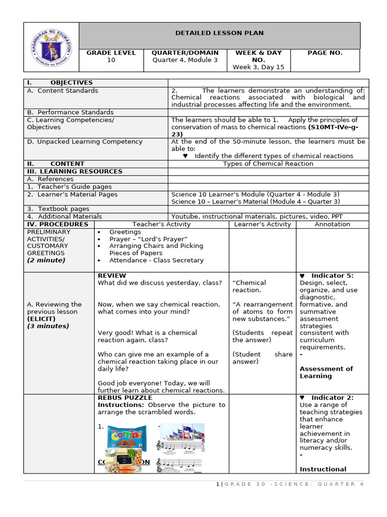 Types of Chemical Reactions Lesson Plan | PDF | Chemical Reactions | Ion