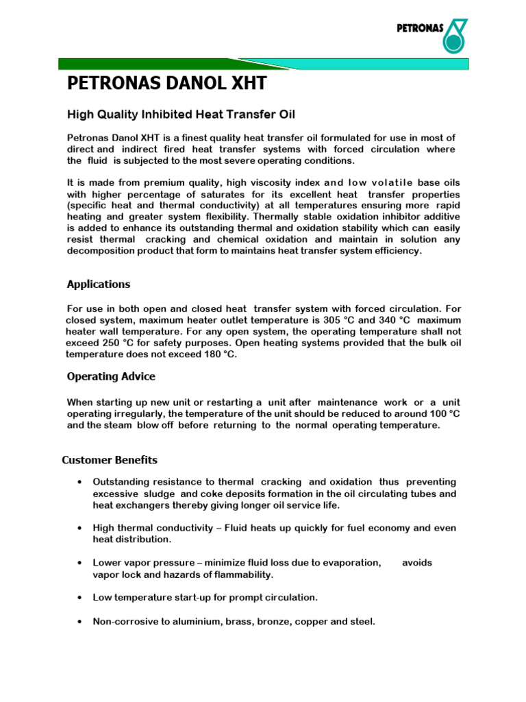 Petronas Danol XHT Thermal Oil Specs | PDF | Heat Transfer | Viscosity