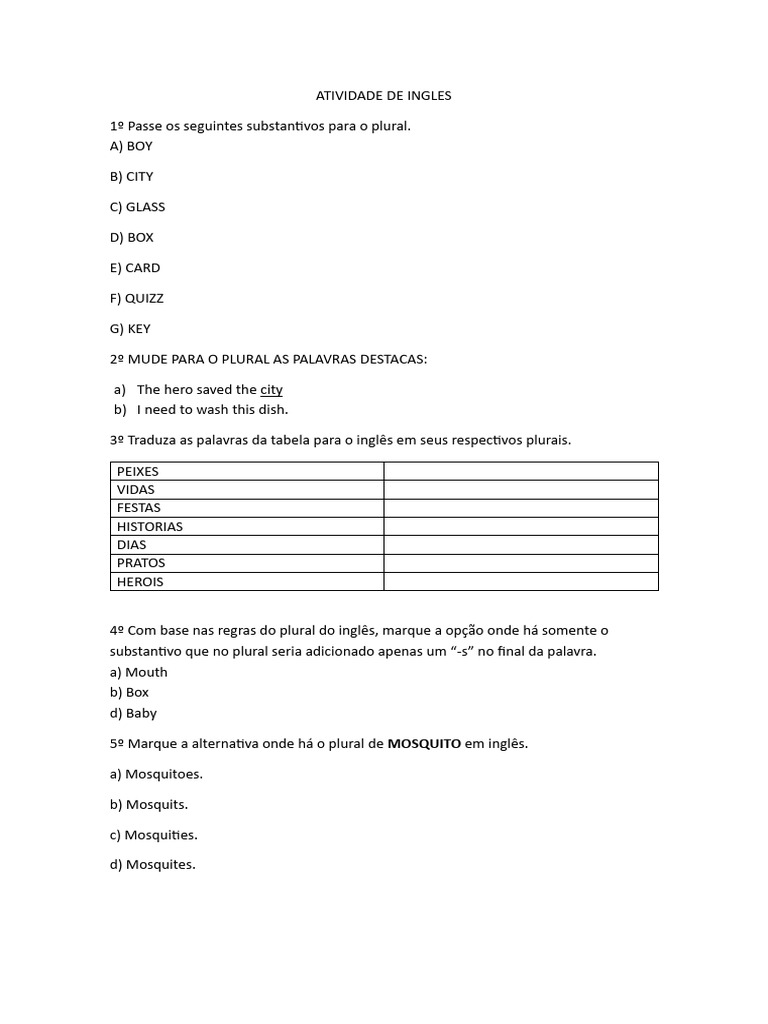Atividades de Plural em Inglês | PDF