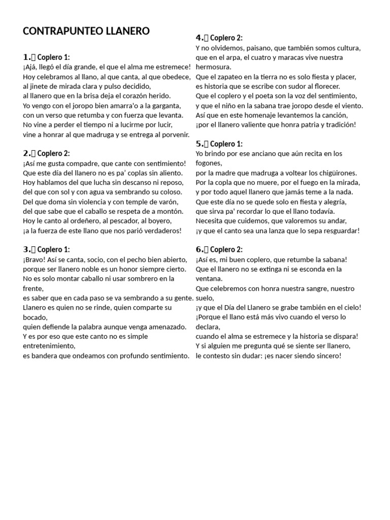 Homenaje al Llanero: Coplas y Sentimiento | PDF