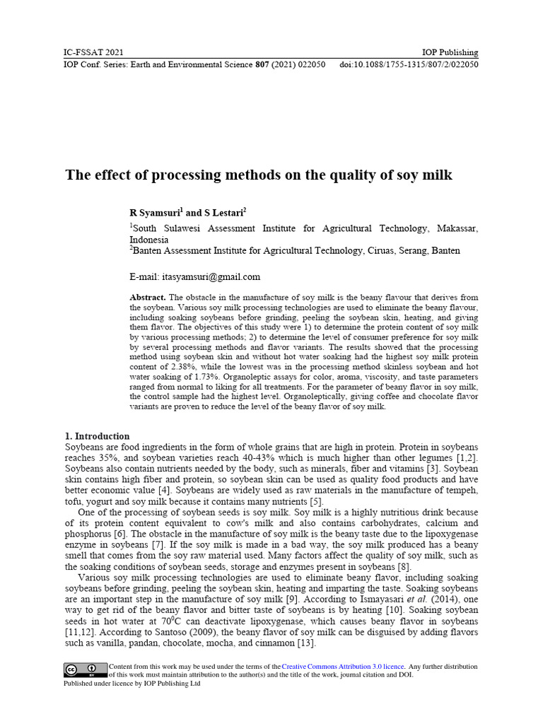 The Effect of Processing Methods On The Quality of Soy Milk | PDF ...