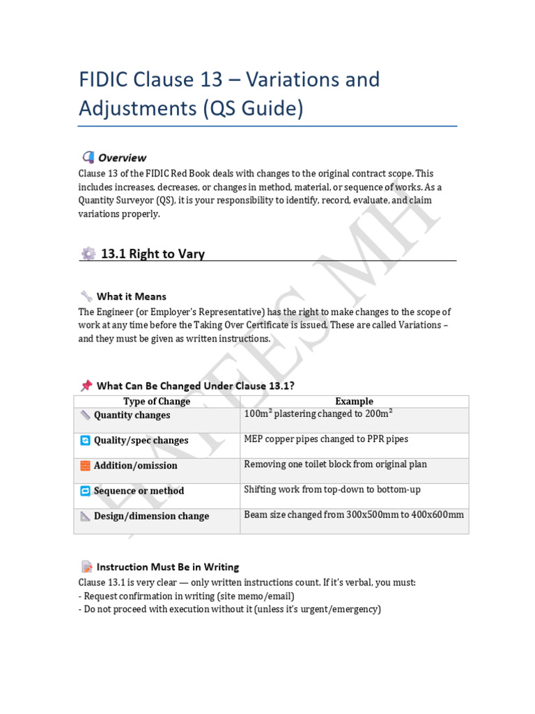 FIDIC Clause 13: Variations Explained | PDF | Taxes | Pricing