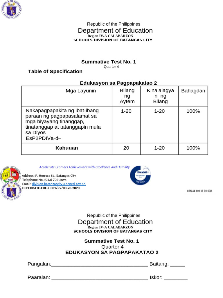 Esp 2 Summative Test 1 Quater 4 | PDF