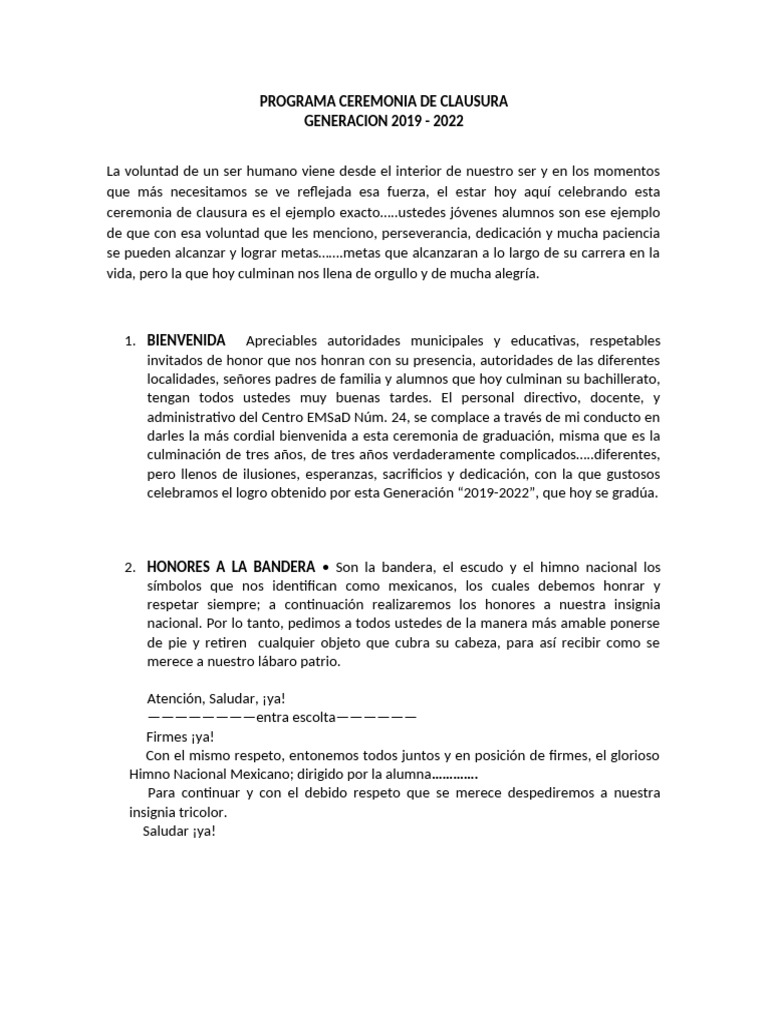 Programa Ceremonia de Clausura 2019 - 2022 | PDF
