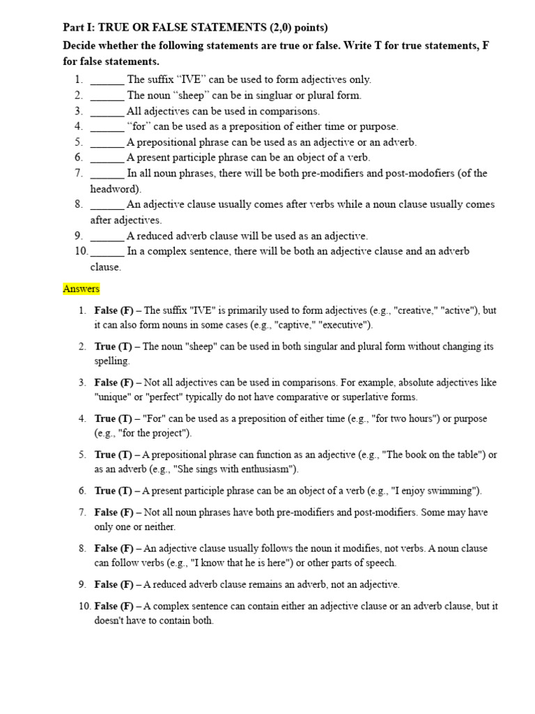 True or False & Multiple Choice Grammar Quiz | PDF | Adjective | Adverb