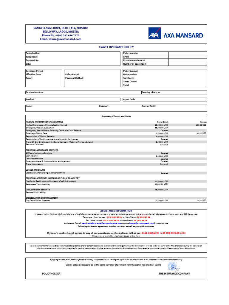 AXA Mansard Schengen Travel Insurance | PDF | Insurance | Credit Card