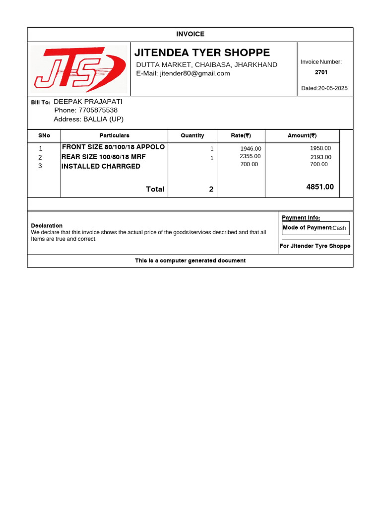 Tyre Shop Invoice Format | PDF