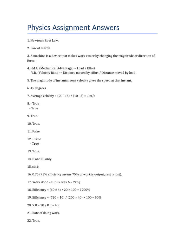 Physics Assignment Solutions Summary | PDF