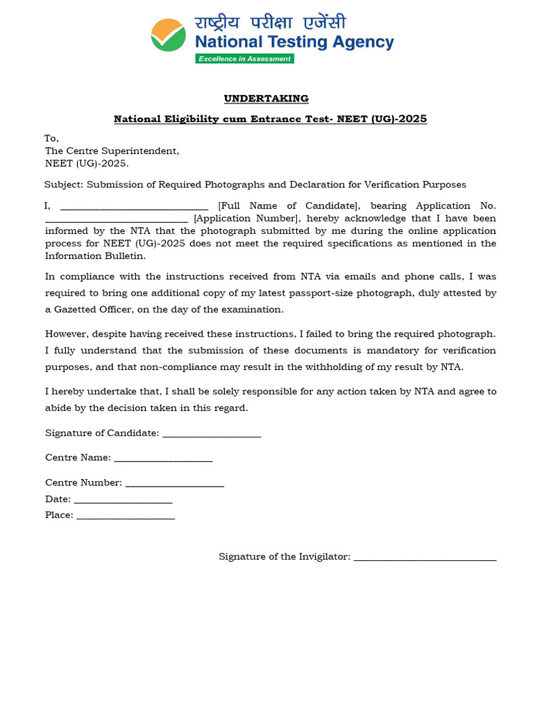 NEET (UG)-2025 Undertaking Form | PDF