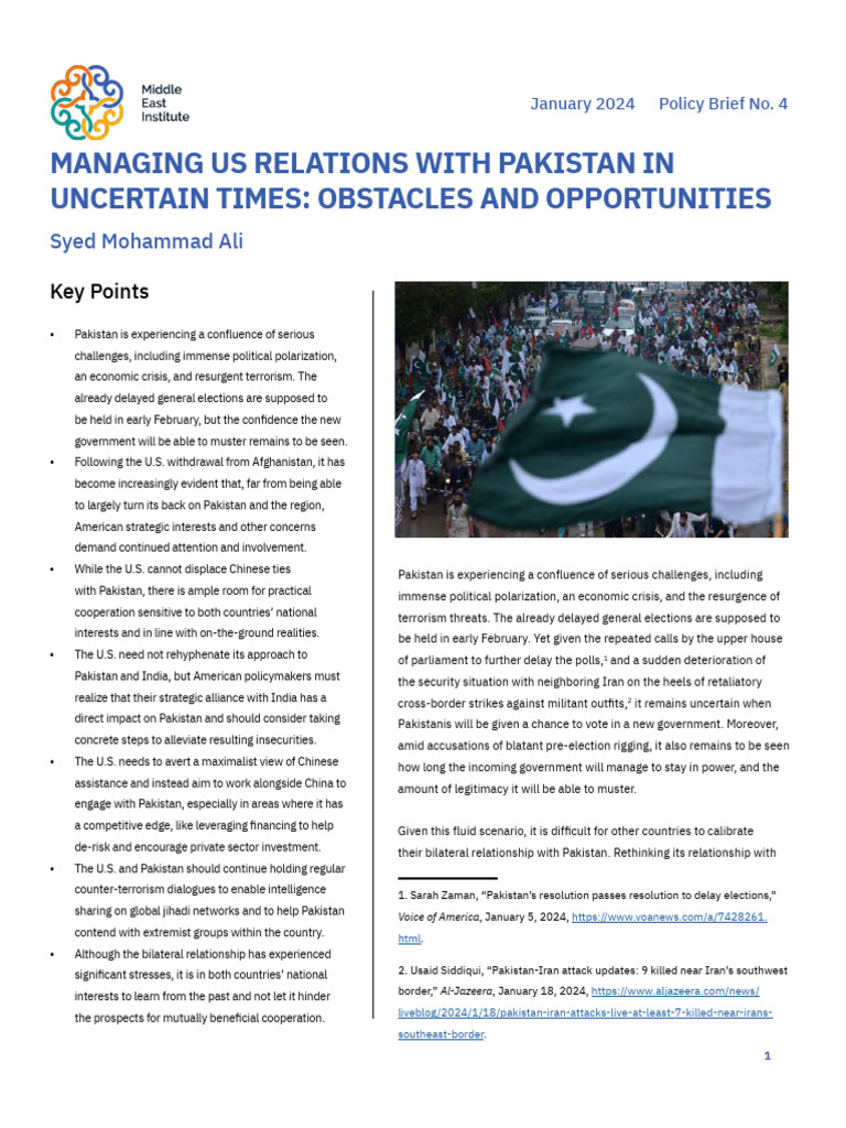 Managing US Relations With Pakistan in Uncertain Times - Obstacles and ...