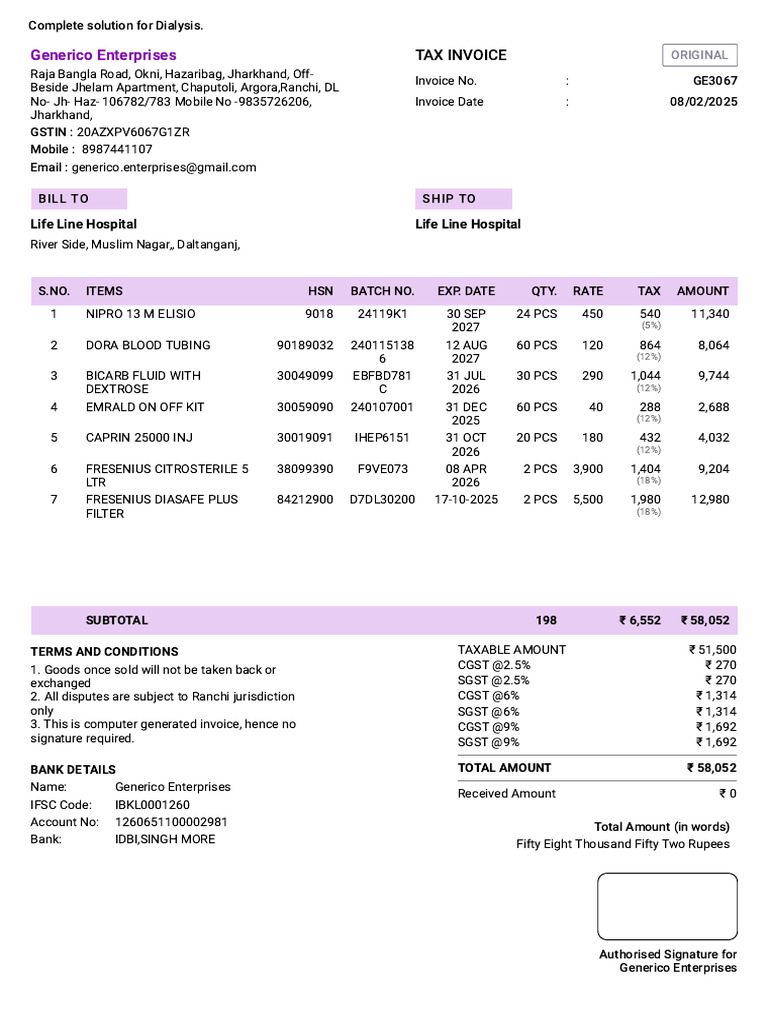 Life Line Hospital Sales Invoice GE3067-1 | PDF | Public Finance | Payments