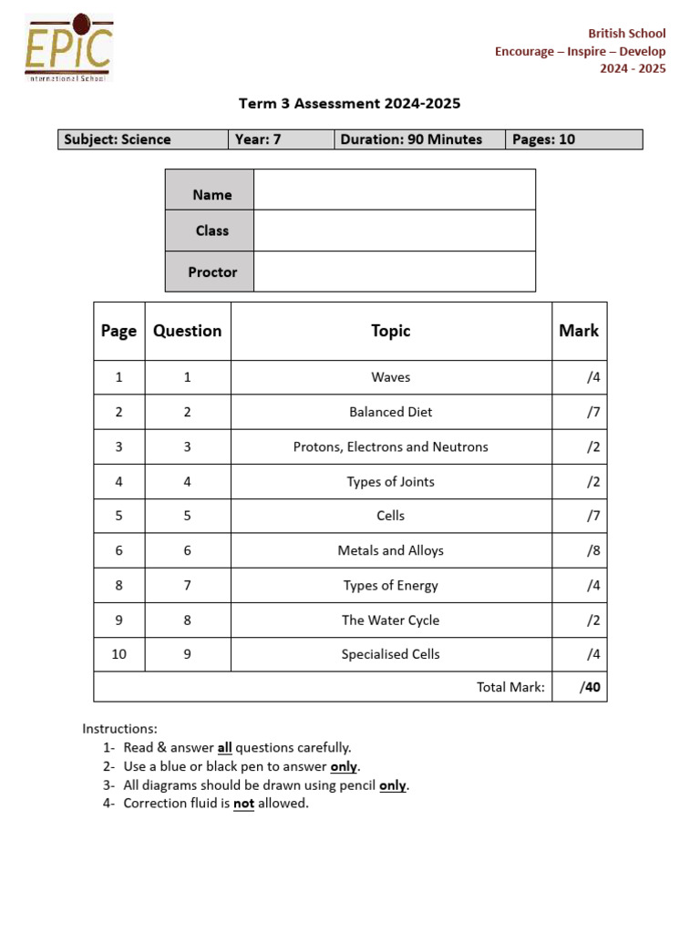 Year 7 Science Assessment 2024-2025 | PDF | Physical Sciences | Nuclear ...