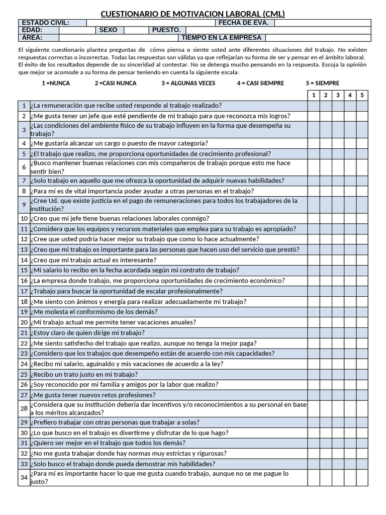 Cuestionario de Motivación Laboral | PDF