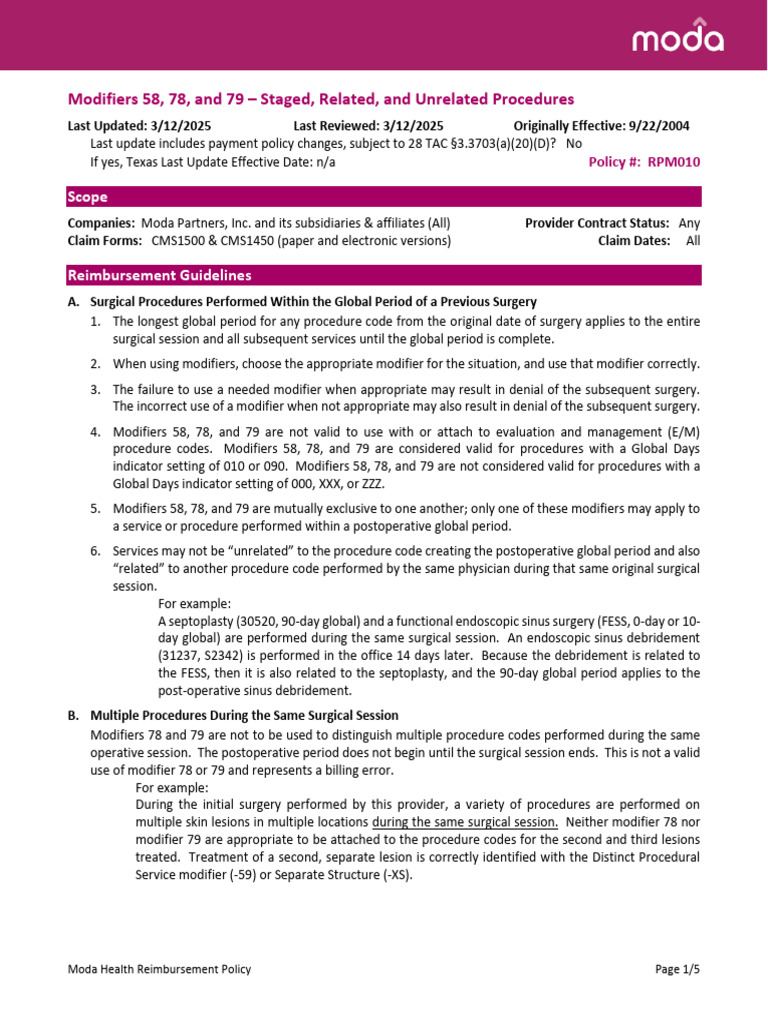 Modifiers 58, 78, and 79 Guidelines | PDF | Surgery | American Medical ...