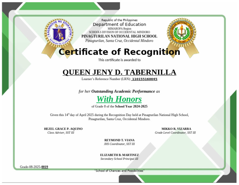 Grade 8 Certificate of Recognition | PDF