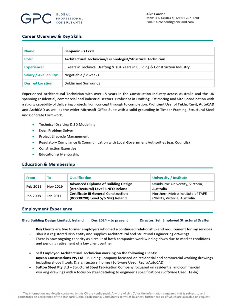 Experienced Architectural Technician Resume | PDF | Specification ...