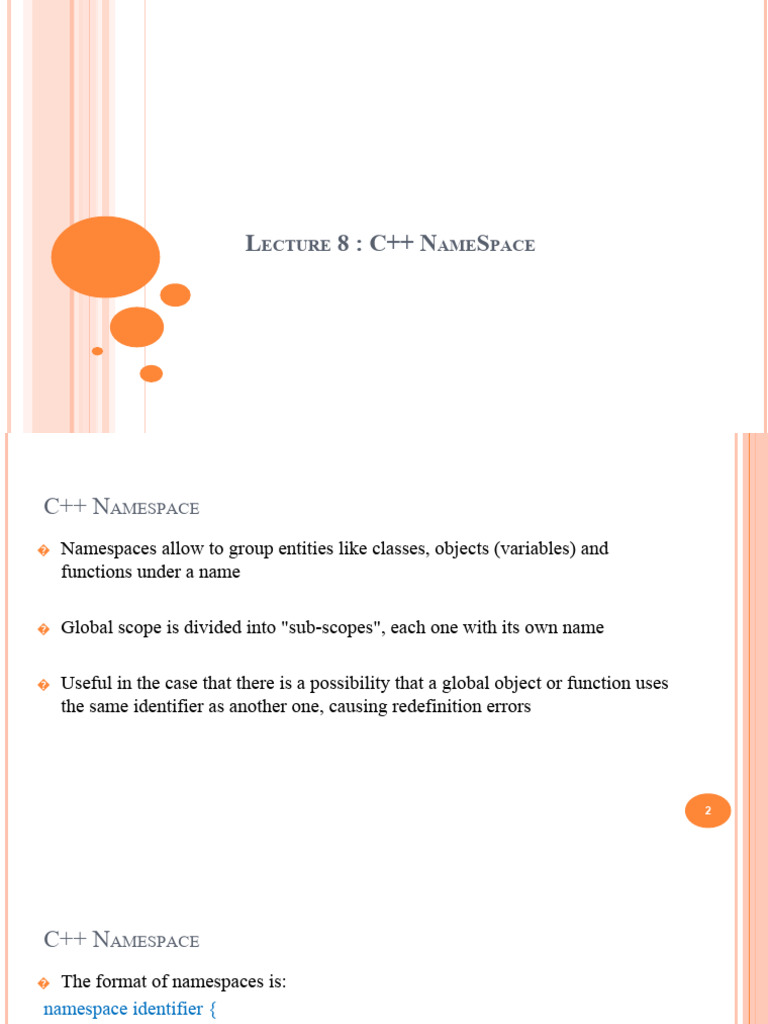 L 8: C++ N S: Ecture AME Pace | PDF | Namespace | C++