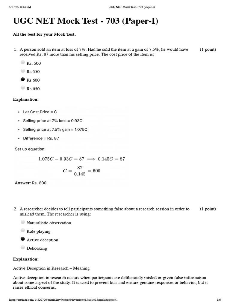 UGC NET Mock Test - 703 (Paper-I) | PDF | Validity (Statistics ...