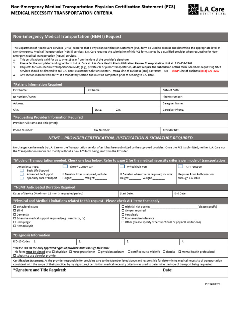 Non-Emergency Medical Transport PCS Form | PDF | Hospital | Transport