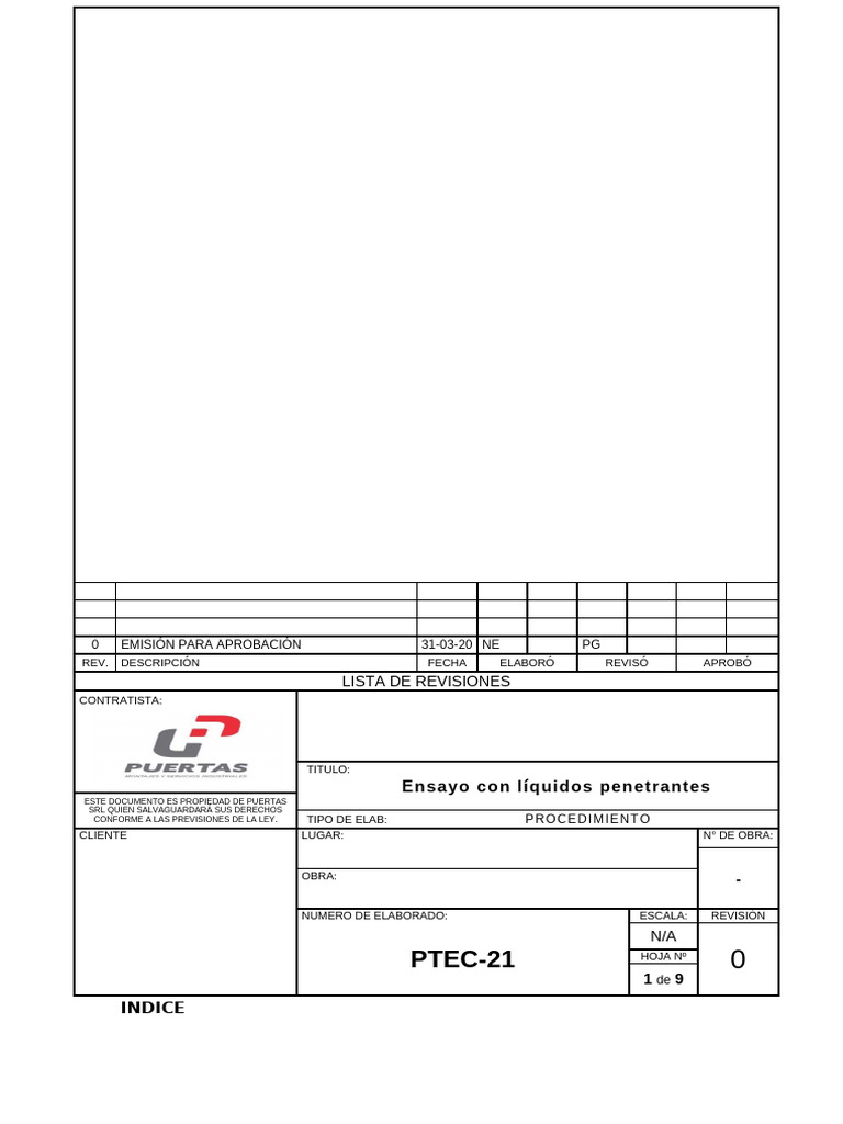 PTEC-21 Rev. 0 - Ensayo Líquidos Penetrantes | PDF