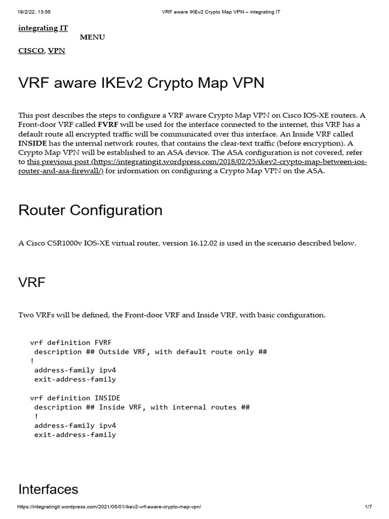 VRF Aware IKEv2 Crypto Map VPN - Integrating IT | PDF | Virtual Private  Network | Router (Computing)