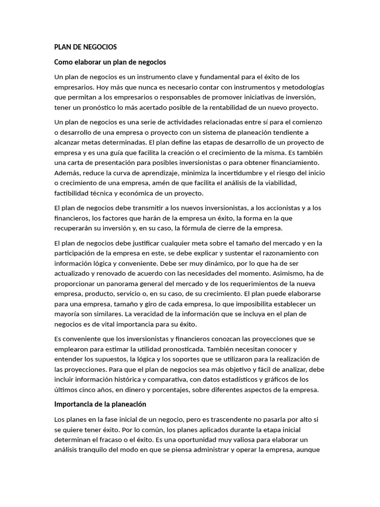 Plan de Negocio | PDF | Plan de negocios | Business