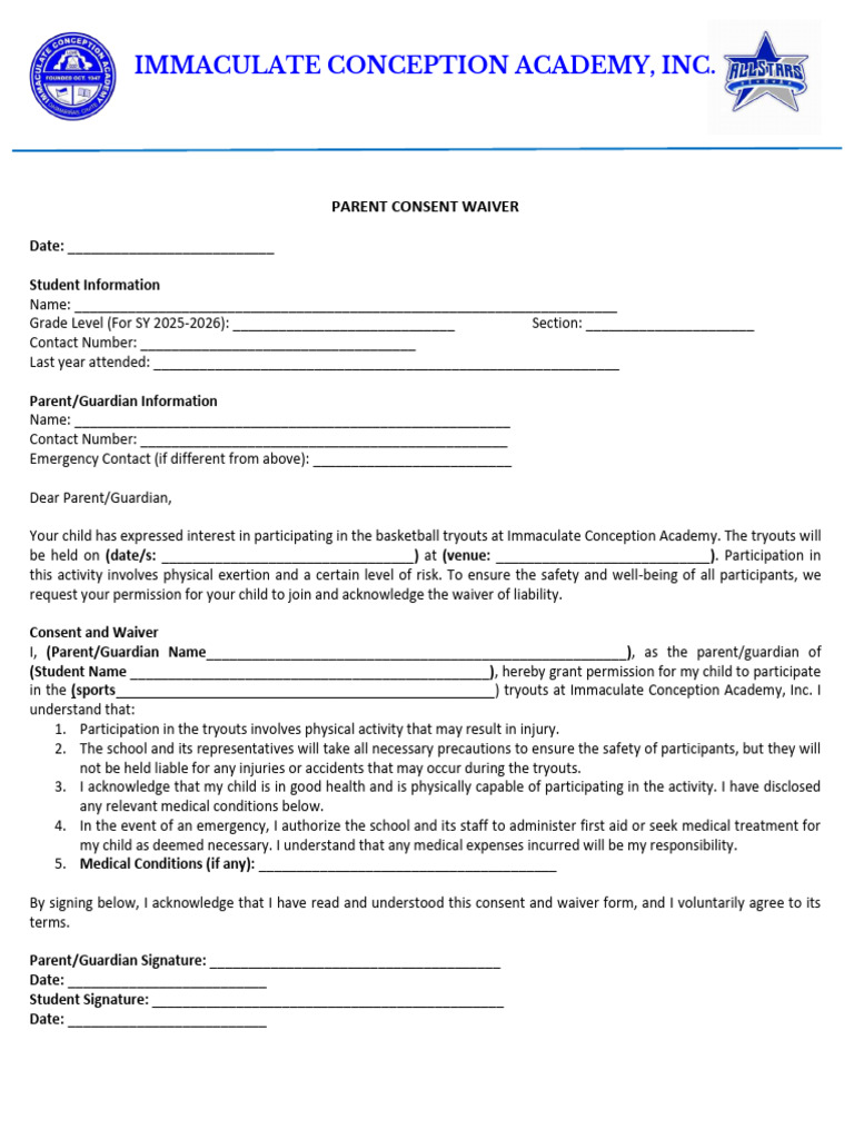 Parent Consent Waiver for Basketball Tryouts | PDF | Consent | Justice