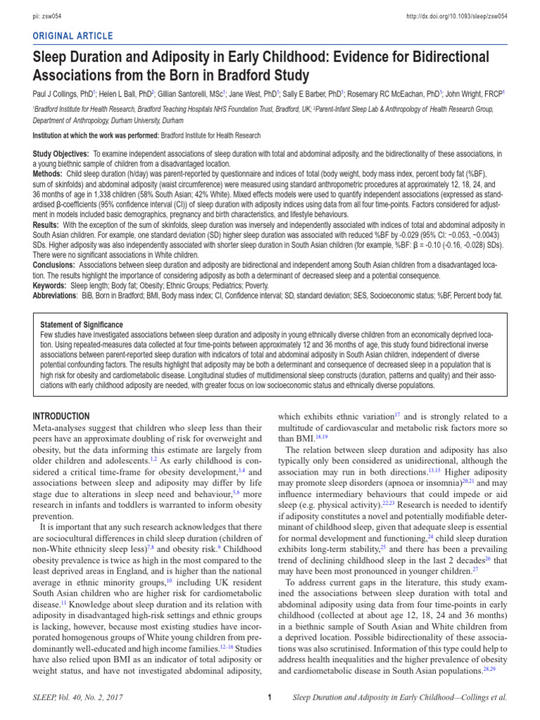 Sleep Duration and Childhood Adiposity | PDF | Obesity | Body Mass Index