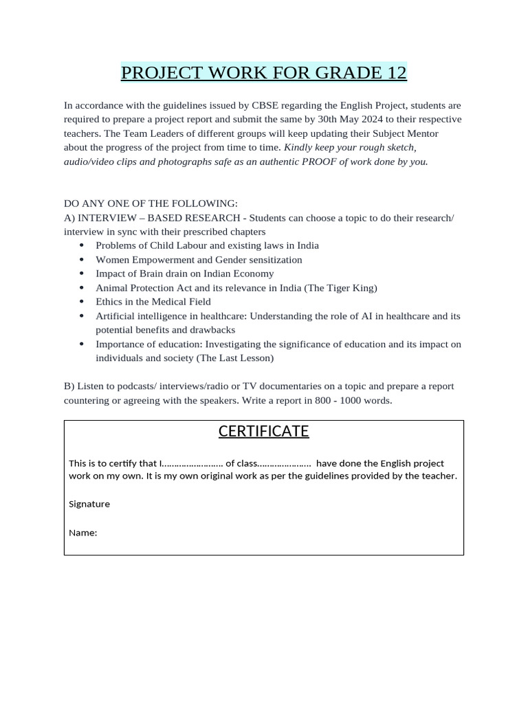 Grade 12 English Project Guidelines | PDF