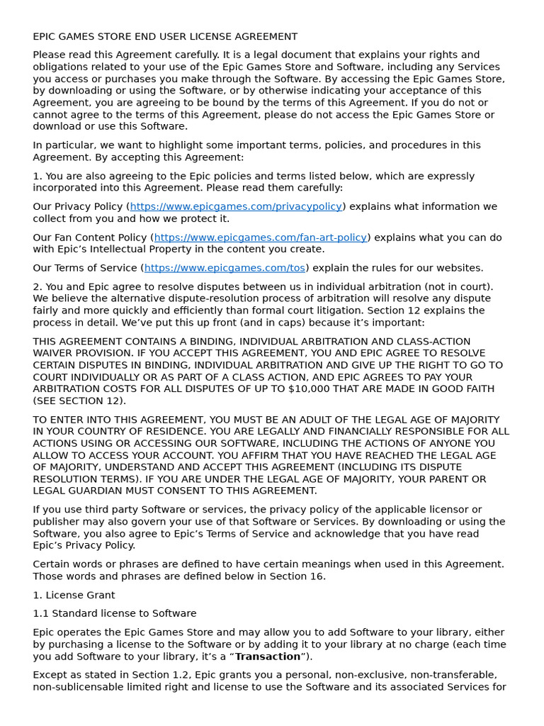 Epic Games Store EULA Overview | PDF | Indemnity | Arbitration