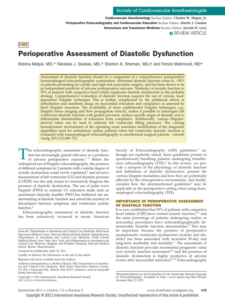 Perioperative Diastolic Dysfunction Assessment | PDF | Diastole ...