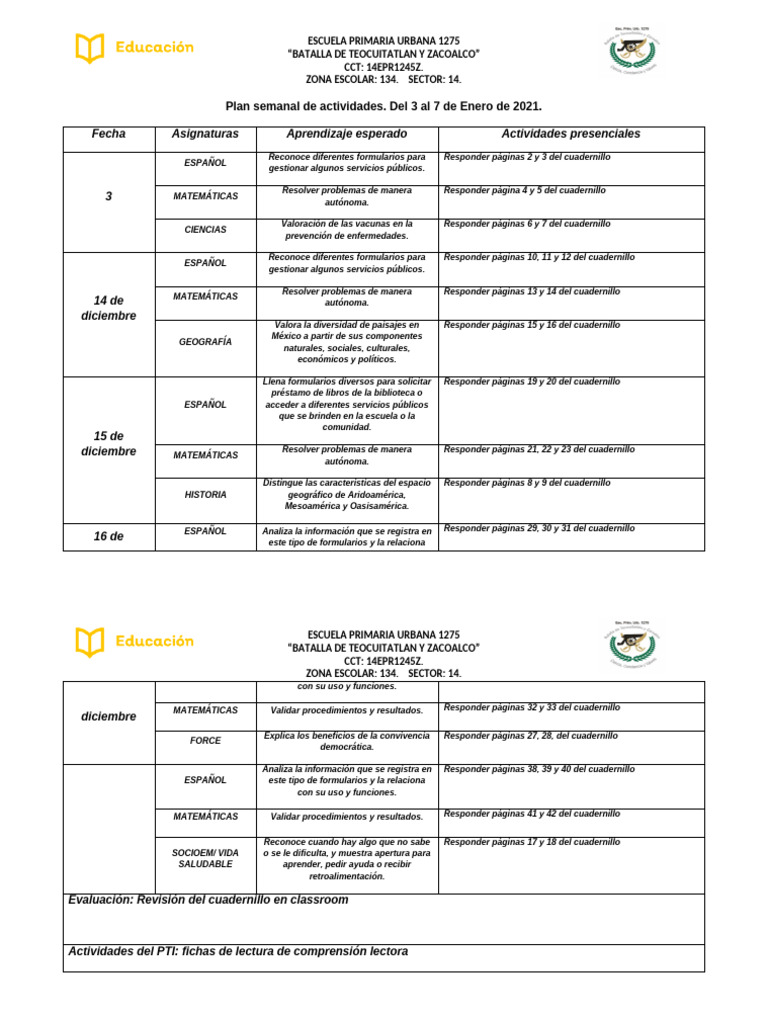 Plan Semanal Del 3 Al 7 de Enero | PDF | Educación primaria | España