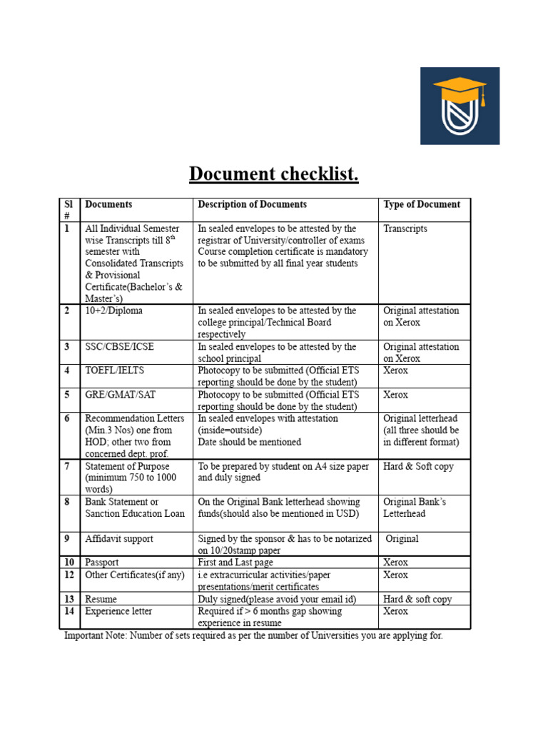 USA Documents Checklist - Unischolars. | PDF | Qualifications ...