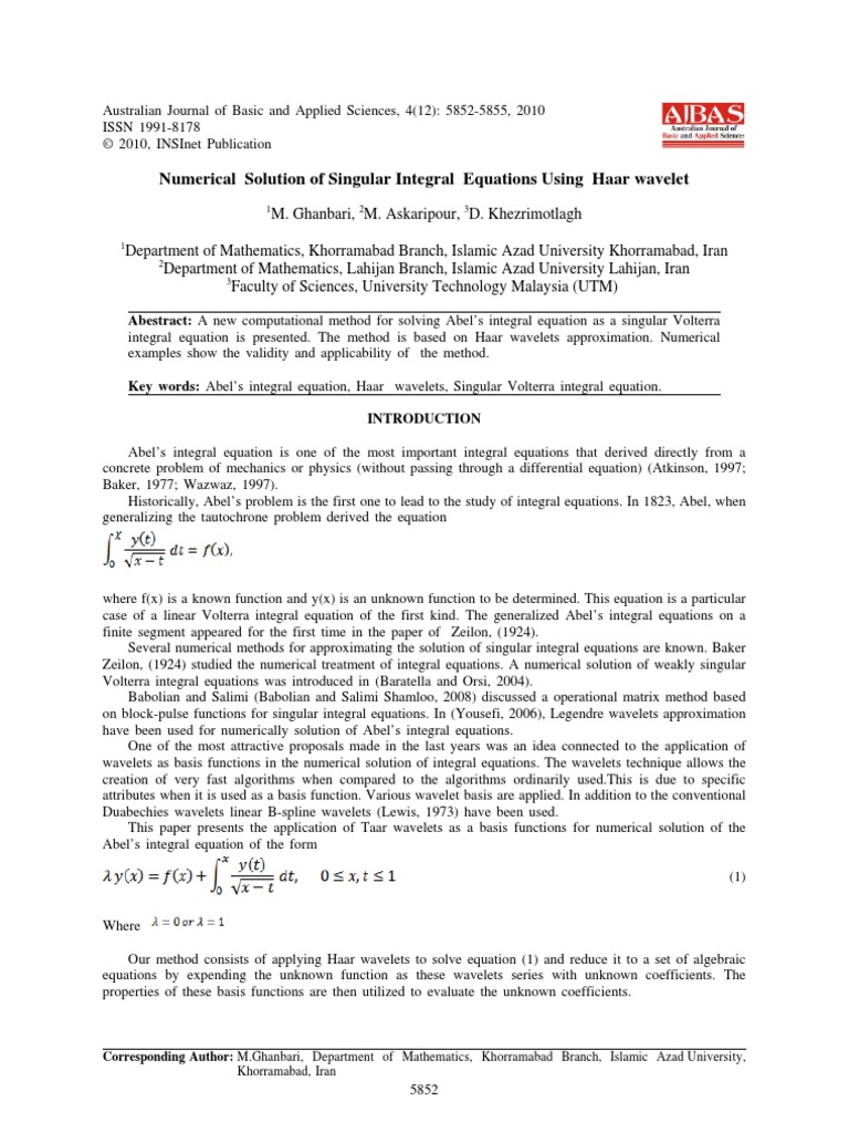 Numerical Solution of Singular Integral Equations Using Haar Wavelet ...