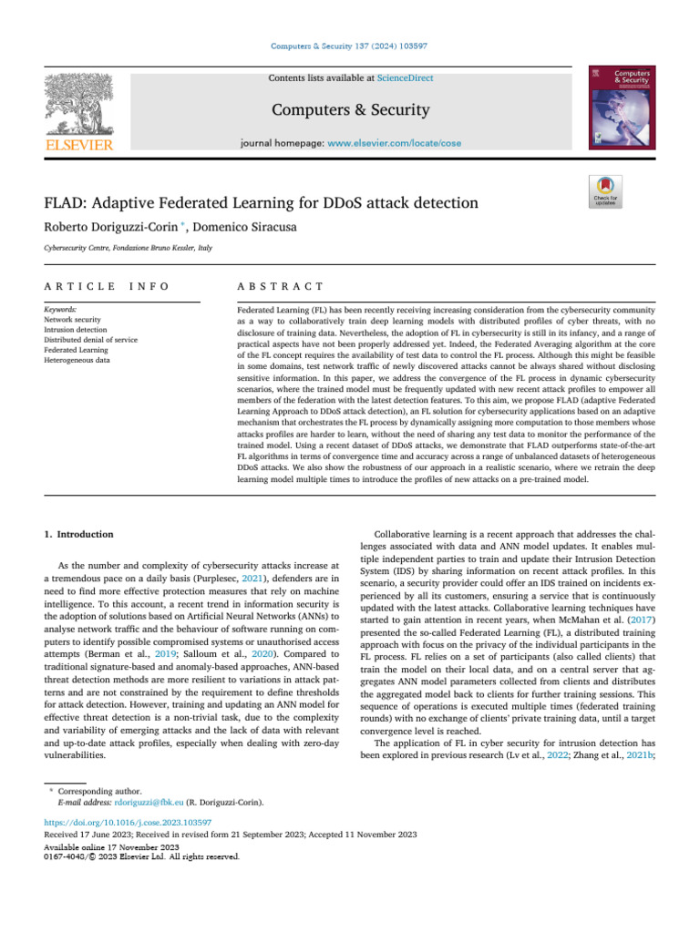 Adaptive Federated Learning for DDoS Detection | PDF | Computer ...
