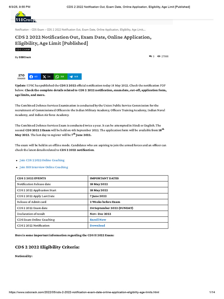 CDS 2 2022 Notification Out, Exam Date, Online Application, Eligibility ...