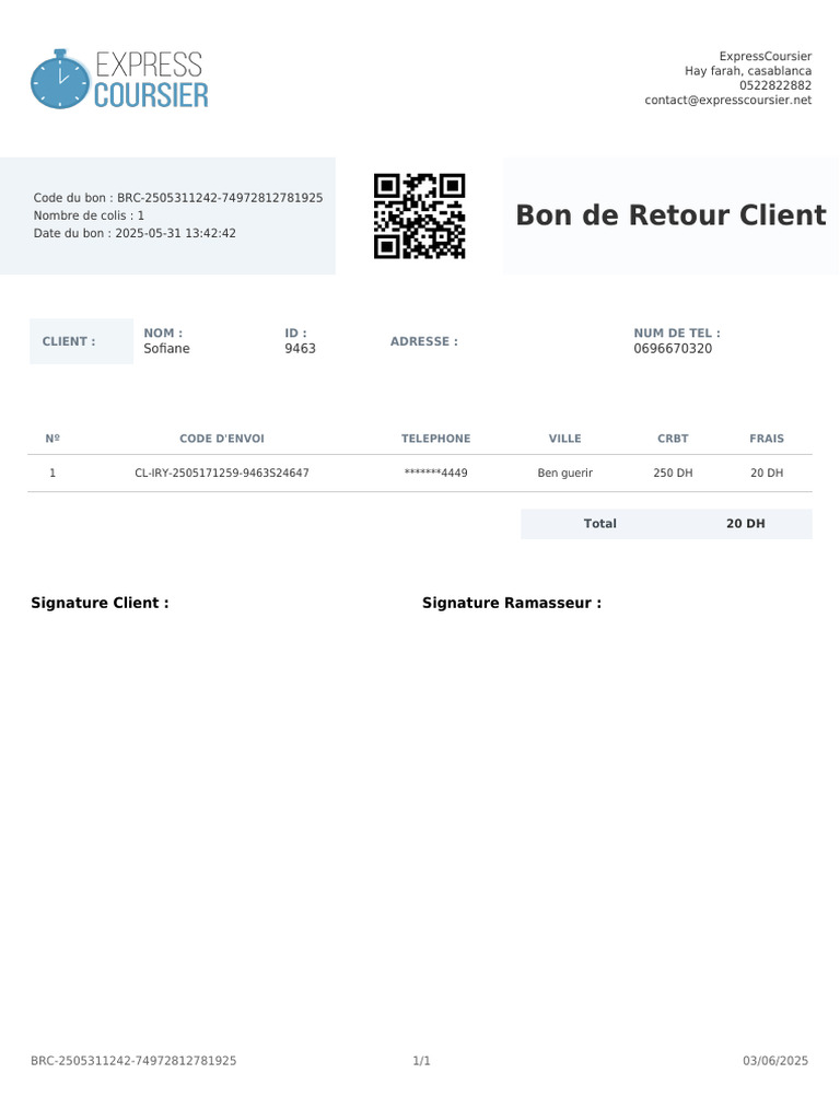 Bon de Retour Client - ExpressCoursier | PDF