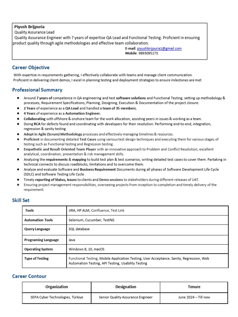 Piyush Kawde: QA Lead Profile Summary | PDF | Software Development Process | Software Testing