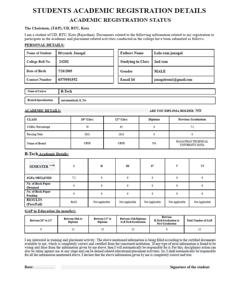 Student Academic Registration Form | PDF | Educational Stages